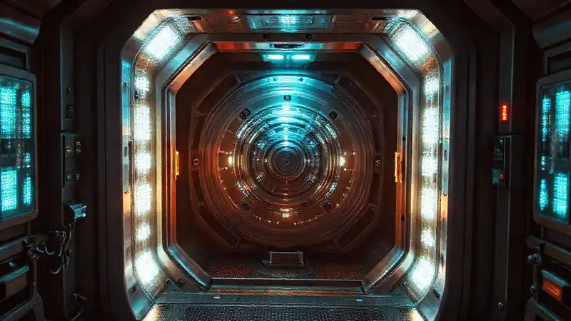 Cámara futurista con energía y dispositivo misterioso