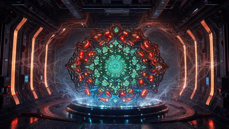 Estructura metálica misteriosa con patrones energéticos