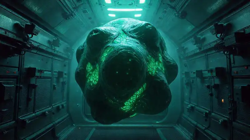 Objeto bioluminiscente y misterioso en cámara futurista