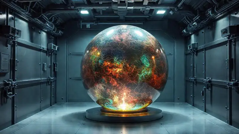 Cápsula de contención con esfera iridiscente brillante