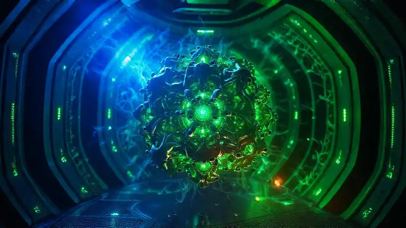 Objeto fractal metálico en cámara futurista