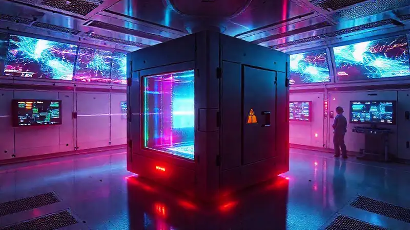 Cámara de contención, cubo brillante y futurista