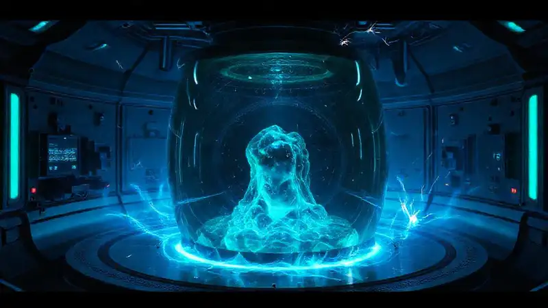 Cápsula futurista con energía y luces azules