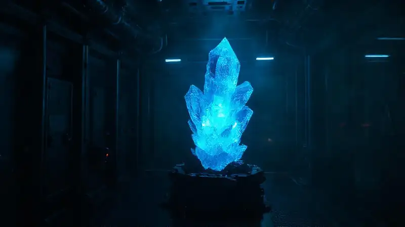 Estructura cristalina brillante en ambiente oscuro