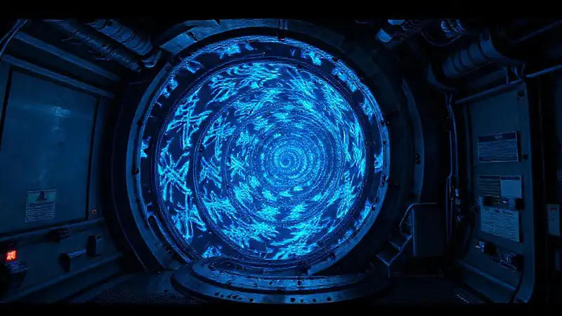 Estructura metálica, patrones azules y campo electromagnético