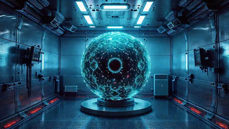 Esfera fractal luminosa en entorno de alta seguridad