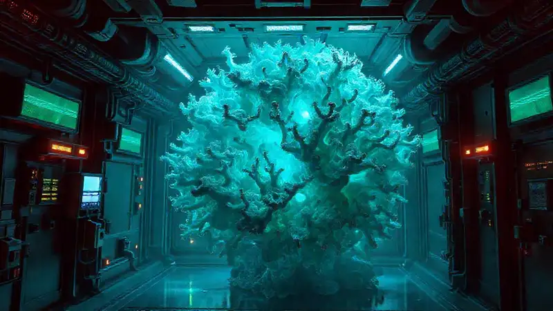 Masa extraña en laboratorio futurista con vigilancia