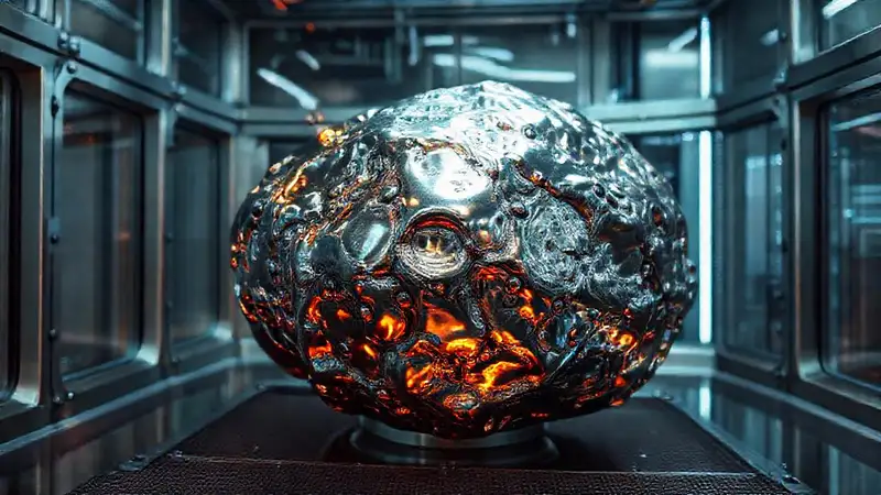 Objeto metálico-orgánico brillante en cámara científica
