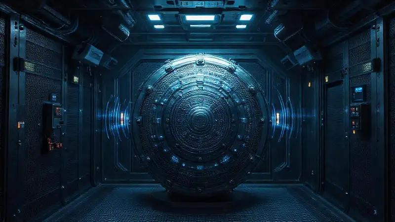Sala de contención futurista con objeto misterioso