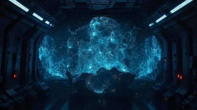 Cristal fracturado con patrones en entorno futurista