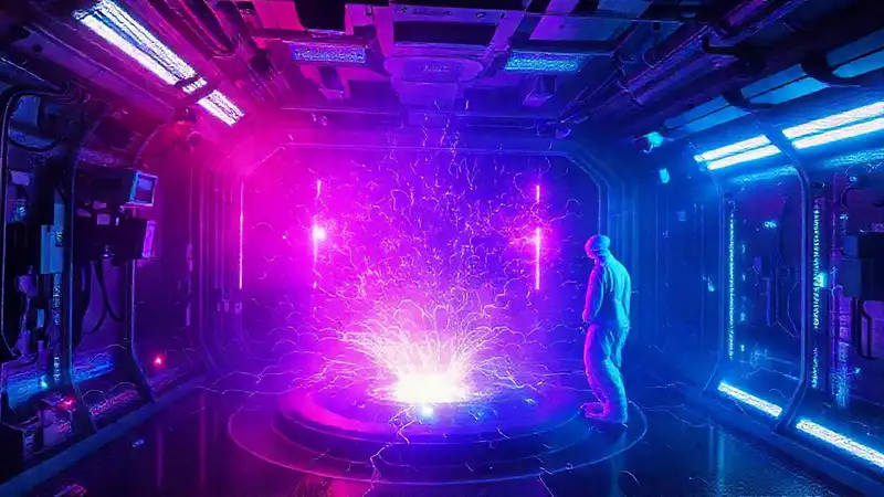 Campo de energía en laboratorio futurista y peligroso