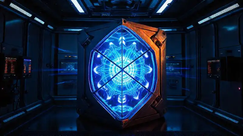 Cubículo metálico con energía oscillante y aura