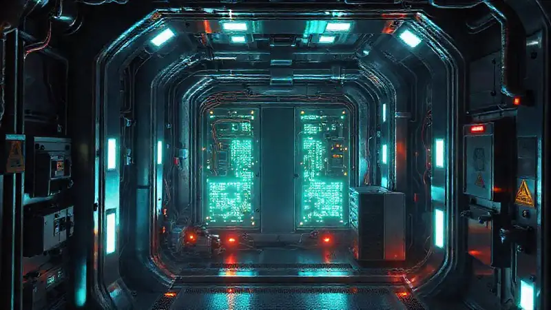 Componentes metálicos en entorno tecnológico futurista
