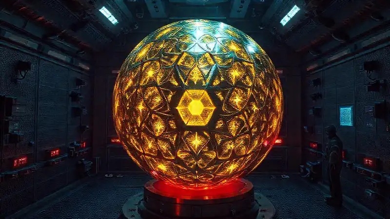 Esfera metálica radiante en laboratorio futurista
