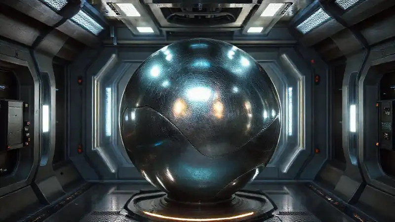 Esfera metálica iridiscente en contenedor futurista