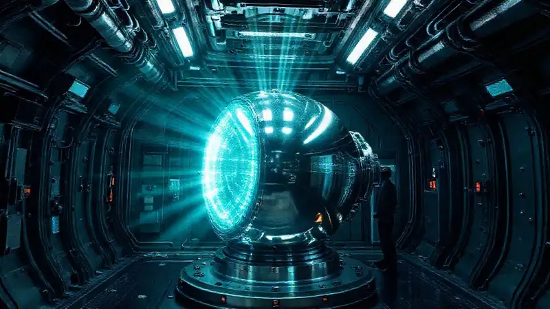 Objeto metálico brillante en laboratorio futurista