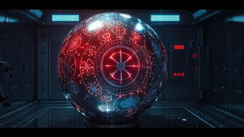 Esfera metálica brillante en cámara segura futurista