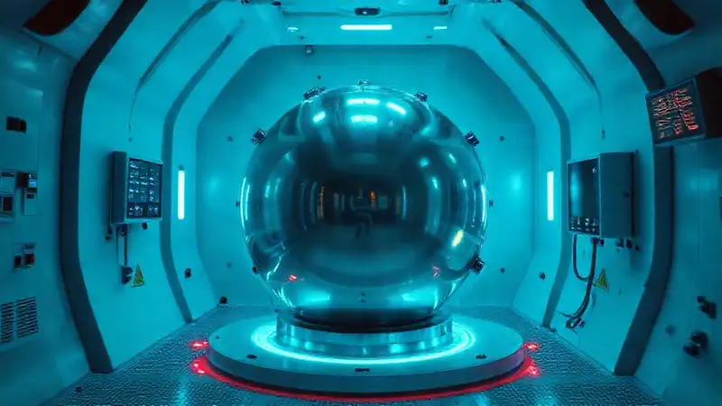 Esfera metálica brillante en laboratorio de alta tecnología