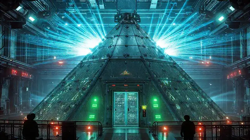 Estructura metálica futurista con energía y vigilancia