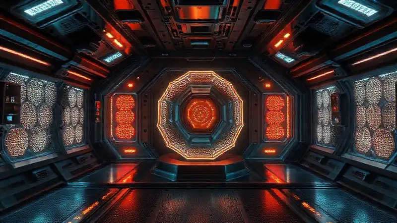 Sala futurista con patrones hexagonales y seguridad