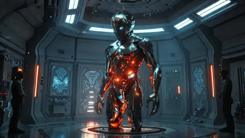 Objeto metálico humanoide en laboratorio futurista