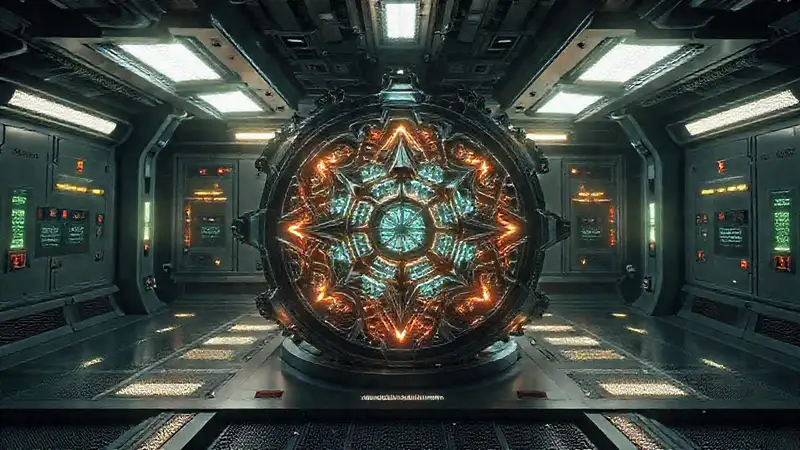 Estructura metálica fraccionada en entorno futurista