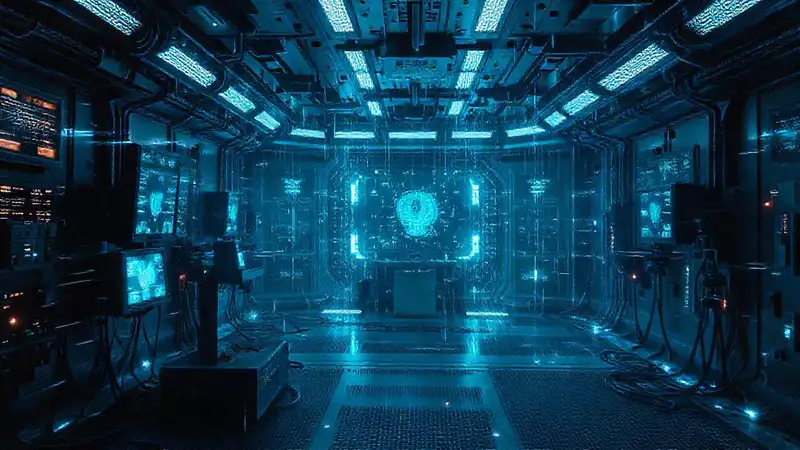 Cámara futurista con patrones y pulsos electromagnéticos
