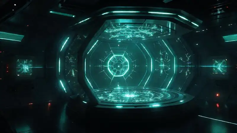 Cámara futurista con estructura fractal luminosa