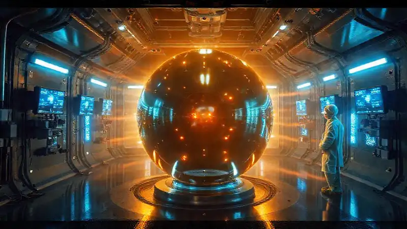 Esfera metálica bajo vigilancia en laboratorio futurista
