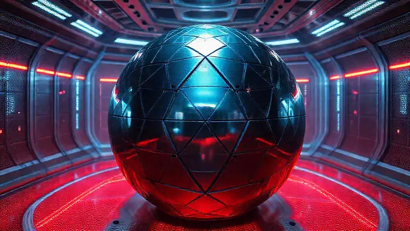 Esfera metálica luminosa en laboratorio futurista