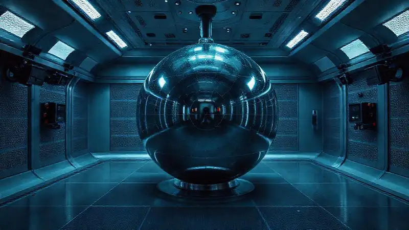 Esfera metálica en habitación futurista segura