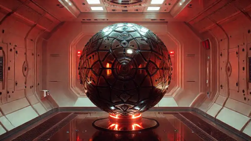 Esfera metálica en habitación de alta seguridad futurista