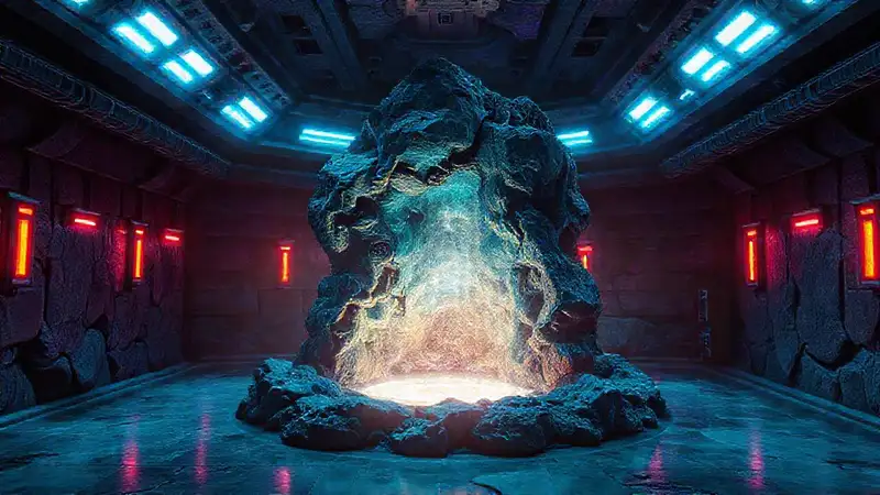 Estructura futurista con energía y tensión misteriosa