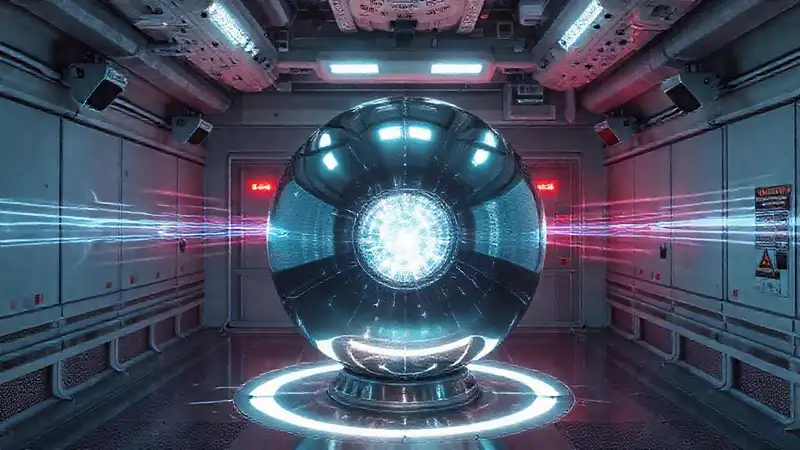 Esfera metálica brillante en laboratorio futurista segura