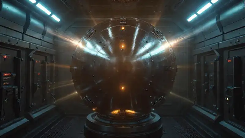 Esfera metálica en laboratorio futurista sellada