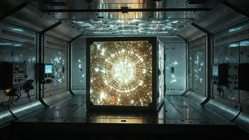 Cámara futurista con patrones cósmicos y tecnología