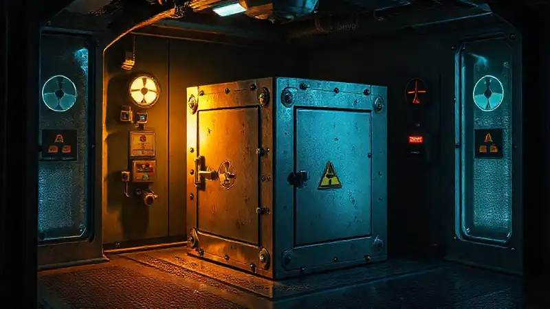 Cubo metálico en laboratorio con alta seguridad