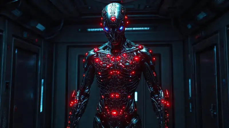Figura metálica luminosa en sala segura
