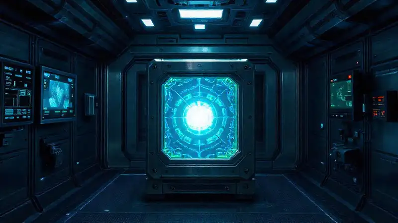 Cubo metálico con patrones y luz en seguridad