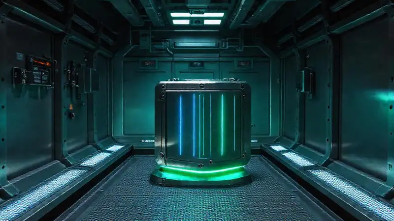Cubo metálico brillante en cámara segura