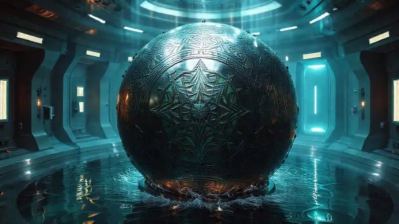 Esfera metálica luminosa en laboratorio futurista