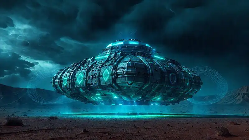 Estructura futurista luminosa en desierto ominoso
