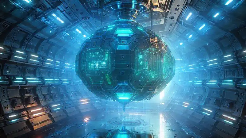 Estructura futurista metálica con energía luminosa