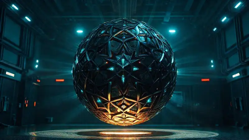 Esfera metálica misteriosa con patrones fractales y energía