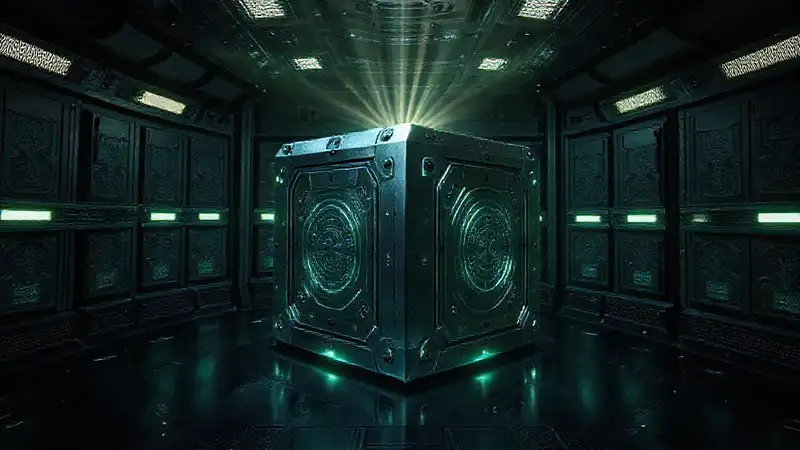 Cubo metálico radiante en prisión futurista