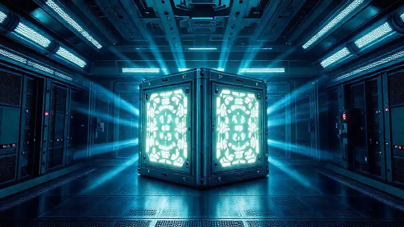 Cubículo metálico con energía y seguridad futurista