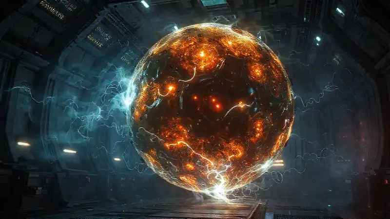 Esfera luminosa y misteriosa en hangar futurista