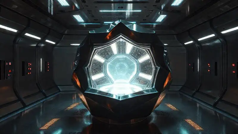 Escultura metálica futurista en ambiente misterioso