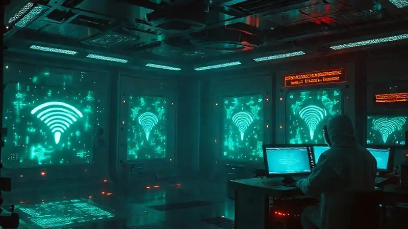 Cámara futurista con energía y científicos observando