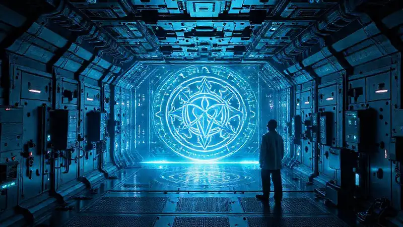 Símbolos misteriosos en entorno tecnológico y frío